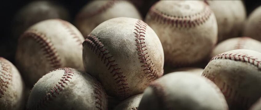 Baseballs in a pile show wear and tear in a close up view at a sports field during a practice session on a sunny day