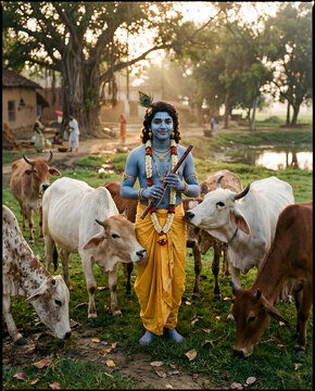 Lord Krishna with Sacred Cows in Gokul Village Representing Divine Govinda Form