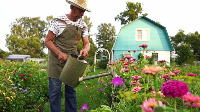 Man waters vibrant garden with vintage watering can. Colorful zinnias bloom beside rustic blue house. Garden scene exudes peace and carefree gardening joy. Ideal for content on nature, home