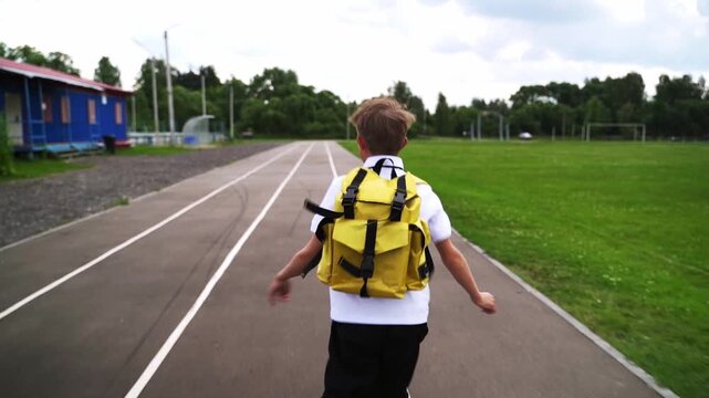 Boy runs on track with bright yellow backpack. Green field and blue building visible in background. He moves forward with purpose and energy. Ideal for school, sports, or childhood activity scenes