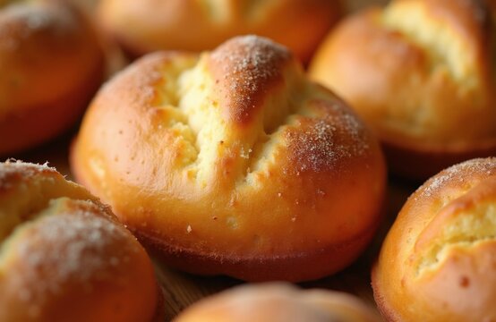 Freshly baked golden brown sobaos pasiegos sweet buns sit on table. Traditional Spanish sponge cakes from Cantabria offer buttery texture, sugary flavor. Soft delicious homemade pastry treats ready