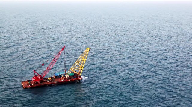 A crane barge carrying out marine dredging works in Chennai, India