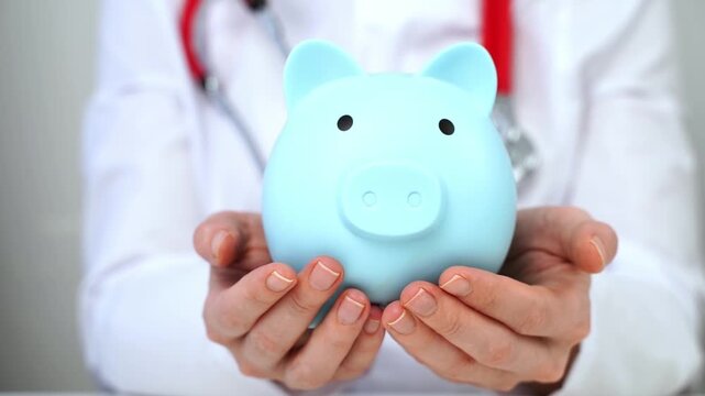 Doctor holds piggy bank gently. Hands cradle it with care. Medical attire shows professionalism. Stethoscope rests behind white coat. Piggy bank is light blue. Symbolizes healthcare costs