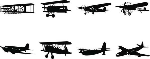 Vintage Aircraft Silhouette Collection with Classic Airplanes Biplanes and Historic Aviation Vector Set © Tahura