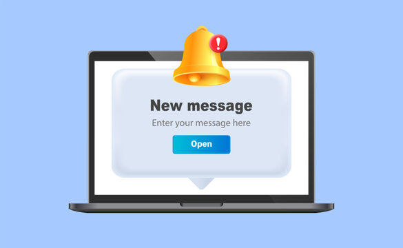 Computer screen with notification popup. Alert bell and message dialog for email communication