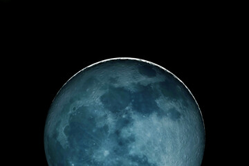Moon dominates dark sky, detailed craters visible. Surface shows gray and blue tones. Elements of this image furnished by NASA © Artsiom P