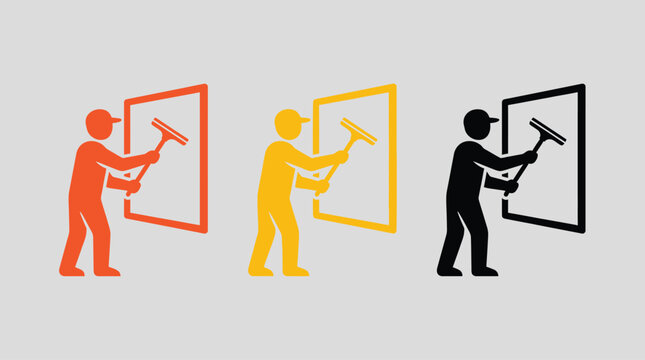 Window Cleaning Silhouette Workers with Squeegee Commercial Cleaning Service Concept