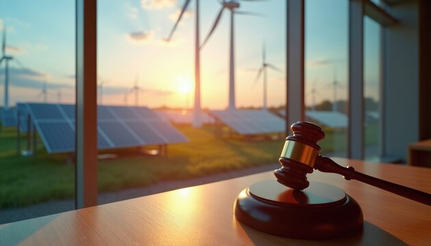 Judge gavel rests on wooden table before solar panels and wind turbines at sunset. Represents legal decisions on renewable energy policy and environmental justice.