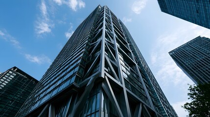 Fototapeta premium A tall glass skyscraper with exposed steel frame structure rises against a clear blue sky with scattered clouds