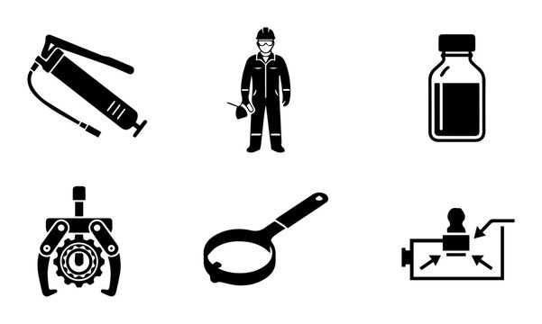 Industrial Maintenance Icons: Mechanic, Grease Gun, Oil Bottle, Gear Puller, Wrench, Fluid Level