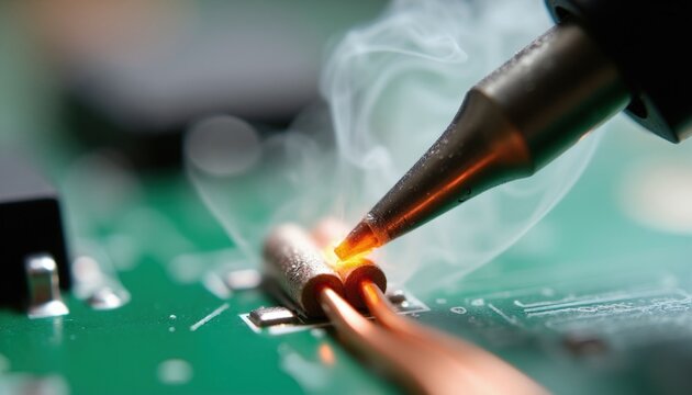 Soldering iron melts metal solder onto copper wires on green electronic circuit board. Hot tool tip creates smoke fixing electrical connection. Pro technician performs precise repair work in