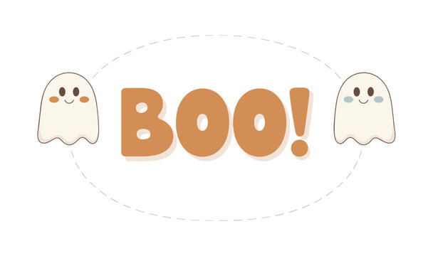 Cute Boo Ghosts. Two adorable, kawaii-style ghosts flank the word BOO! in a playful, cartoonish graphic, perfect for Halloween decorations or cards.