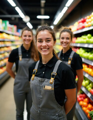 Naklejka premium Smiling supermarket team in uniform stands in produce aisle. Employees offer friendly customer service. Work together helping shoppers find items. Retail staff provides assistance in grocery store.