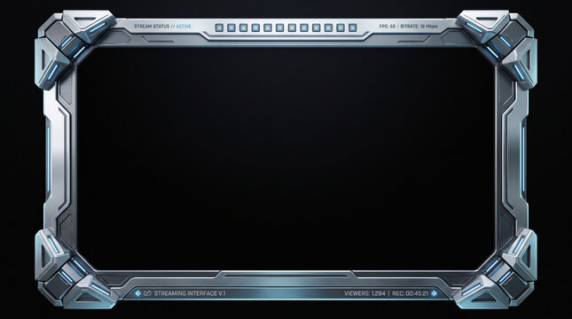 Futuristic scifi streaming overlay frame with metallic texture and blue glowing lights for gaming interface, high tech digital border design