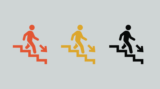 Stick Figures Downward Staircase Decline, Business Crisis Economic Downtrend Concept Icons Vector Illustration