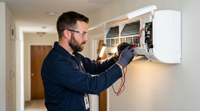 HVAC technician testing wall mounted air conditioner with multimeter. Professional repairman servicing residential mini split AC unit