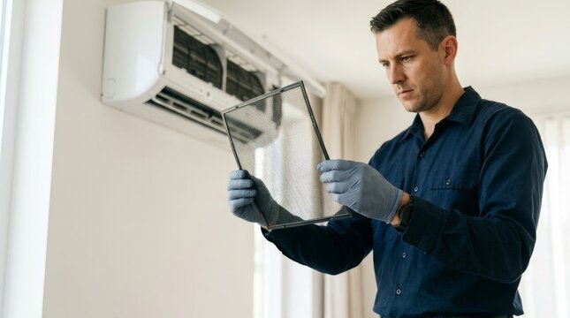 HVAC technician inspecting clean air filter from wall mounted air conditioner. Professional maintenance and filter replacement service