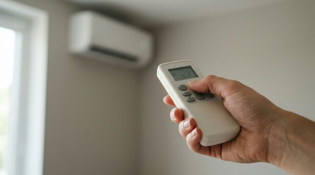 Hand pointing remote control at wall mounted air conditioner. Adjusting indoor temperature with wireless controller in modern room