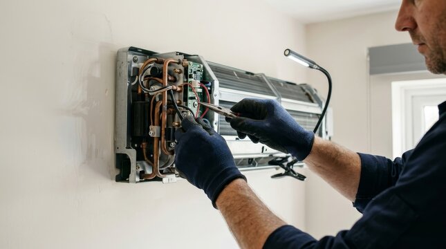Close up of technician hands repairing wall mounted air conditioner with pliers. Professional HVAC maintenance and wiring service