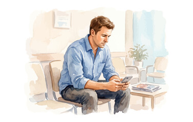Fototapeta premium Man Sitting on Sofa Reading Book Watercolor Vector Lifestyle Scene