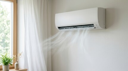 Obraz premium Wall mounted split air conditioner blowing cool air in a bright room. White indoor AC unit with visible breeze streams. Home ventilation and cooling concept