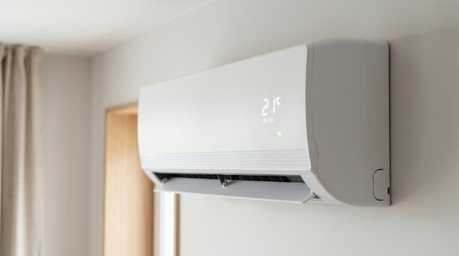 Wall mounted split air conditioner unit in a modern room. White indoor AC appliance displaying twenty one degrees celsius. Home climate control system