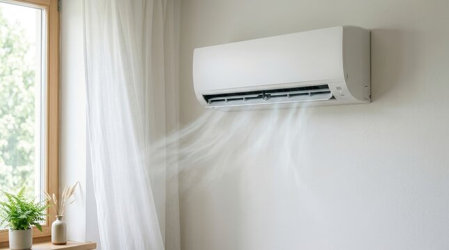 Wall mounted split air conditioner blowing cool air in a bright room. White indoor AC unit with visible breeze streams. Home ventilation and cooling concept