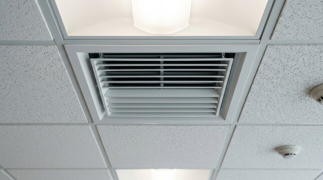 Square air vent on an office suspended ceiling. Ventilation diffuser and light fixture in a commercial building ceiling grid. HVAC and safety systems
