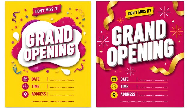 Two vertical grand opening templates on yellow and pink paper.
