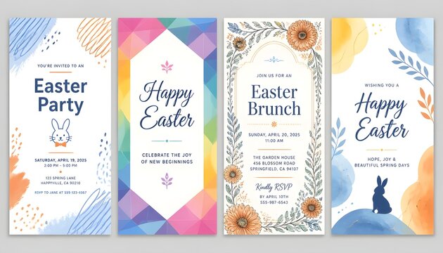 Set of four different easter party and brunch invitation cards.