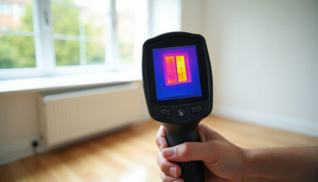 Technician holds thermal imaging camera indoors to check home energy efficiency. Screen shows colorful temperature patterns on window glass surface. Pro expert performs building insulation audit