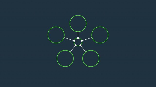 Animated infographic template with central pentagon connecting five circles for data presentation.