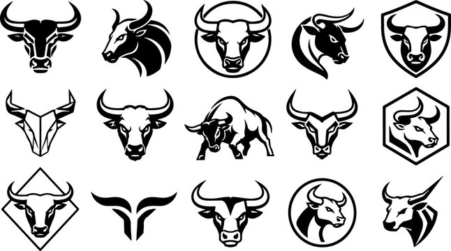 Collection of striking black and white bull head logos and emblems for sports teams