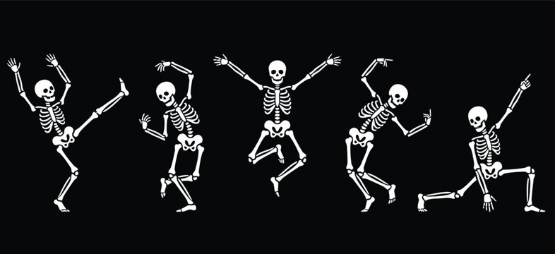 Dancing skeletons in dynamic poses celebrating. Animated human bones performing joyful movements for Halloween or medical use.