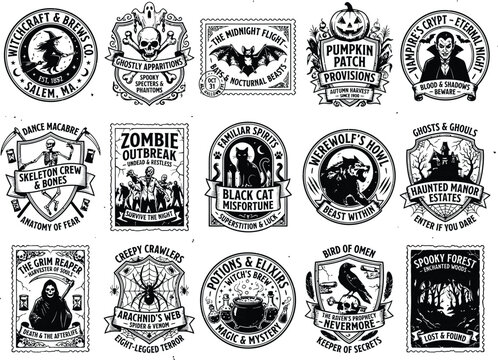 Vintage horror and zombie badge collection set. Retro gothic emblems for Halloween, gaming, and horror-themed branding.