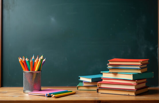 Stack of books, colorful pencils in metal holder, notebooks on wooden desk. Empty green blackboard with Hebrew letters, ideal for education, back to school, learning concepts.