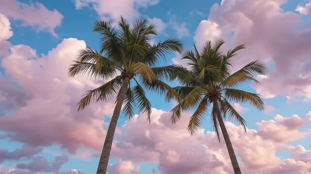 Palm Trees Against Blue Sky With Pink Clouds Tropical Paradise