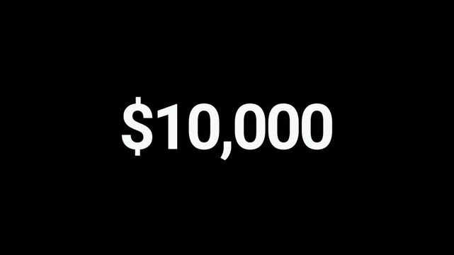 Dynamic financial growth animation revealing target amount on black background, dollar currency symbol transforms into exact cash amount.