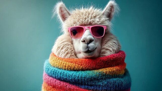 Funny Alpaca Wearing Pink Sunglasses And Rainbow Knit Scarf