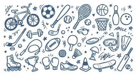 Fototapeta premium Hand drawn doodle icon set of various sports and leisure activities including balls equipment and outdoor gear in a minimalist vector style