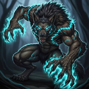 Aggressive werewolf monster with blue energy.