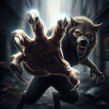 Aggressive werewolf reaching forward with large sharp claws