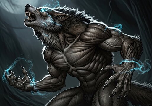 Aggressive werewolf with blue electric energy sparks.