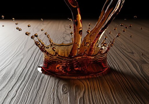 Amber liquid splash crown on dark wooden table.