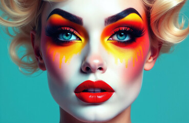 Fototapeta premium Drag queen face with artistic makeup. Woman wears bright red lipstick, yellow orange eyeshadow. Pro stylist creates bold vibrant look for stage performance show. Creative beauty portrait style with