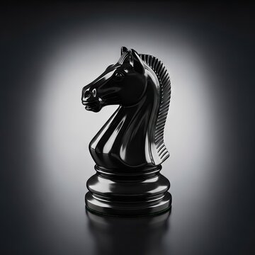 Black knight chess piece on reflective dark surface.