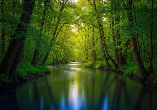 A calm narrow river winds through a lush forest landscape, appearing like a liquid lane surrounded by dense trees and soft afternoon light, liquid, woodland, park