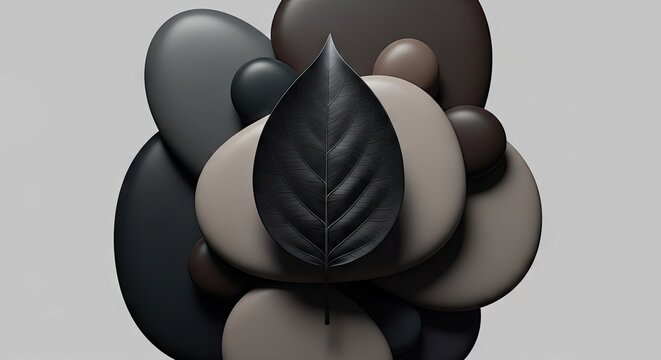 Black leaf on dark river stones.