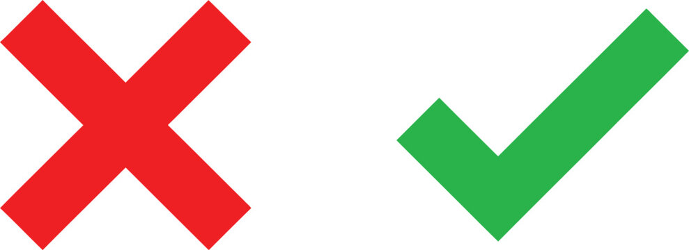 mark and green check mark silhouettes against a white background for decision making or correct wrong choices