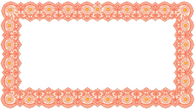 peach scalloped lace frame rectangular floral ornament pattern for feminine wedding invitation and romantic decor isolated on transparent background